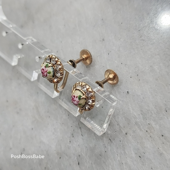 Vintage Floral Porcelain Screw Back Earrings | Rhinestone Gold Tone - Picture 2 of 13